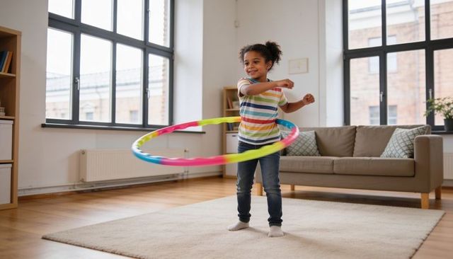Girl spinning multicolored hula hoop on rug in bright modern living room
