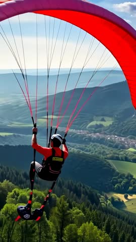 Vertical video Paraglider banking red wing over forested ridge, soaring into scenic valley