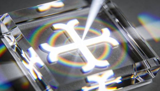 Clear acrylic crystal block producing rainbow refractions and etched cross detail