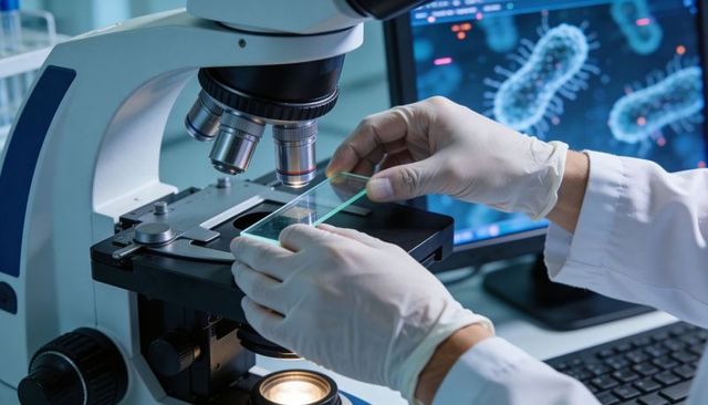 Laboratory Technician Placing Glass Slide on Microscope with Bacteria Visualization on Screen