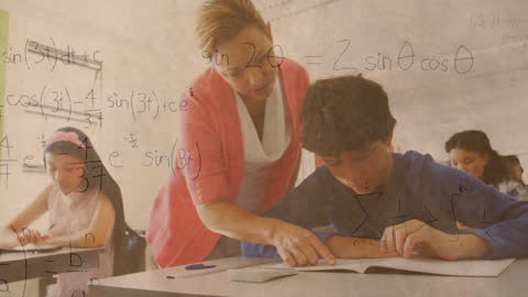 Teacher Assisting Student with Math Equations in Classroom