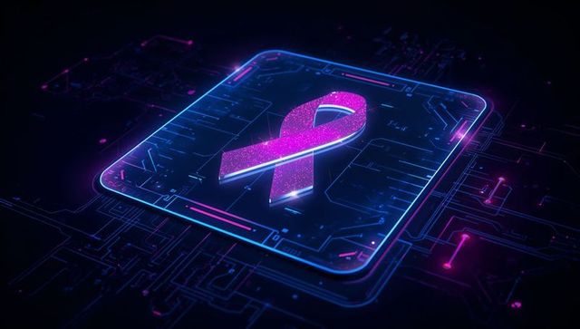 Glowing neon circuit platform with glittering pink ribbon emblem