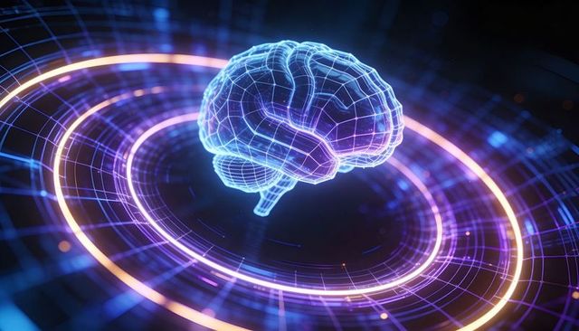 Holographic wireframe brain rotating above neon circular data grid for ai technology