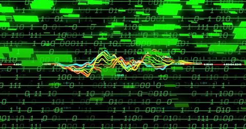 Multicolor Waveform Streaming Across Binary Data Grid with Neon Green Cyber Glitch Interface