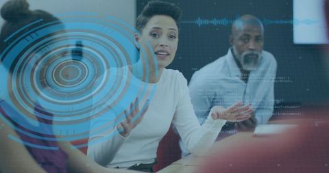 Businesswoman Leading Tech Presentation with Futuristic HUD Interface in Meeting