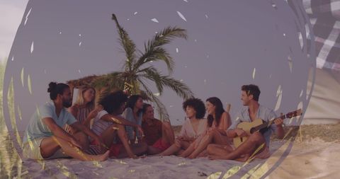 Group of Friends Relaxing on Beach Enjoying Music