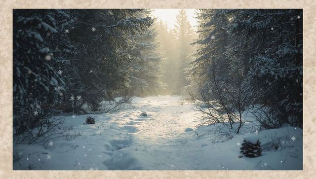 Leading snowy trail winding toward sunlit forest opening with footprints and falling snow
