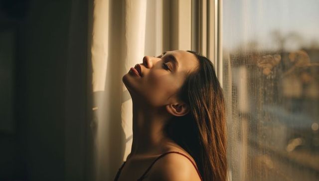 Golden hour portrait of woman tilting head back, eyes closed, serene profile by window