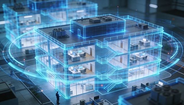 Holographic 3d office building model with blue augmented reality interface