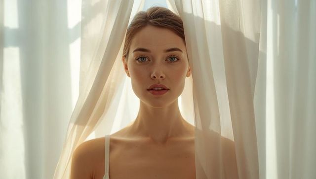 Serene backlit portrait of young woman peeking through sheer curtains, soft natural glow