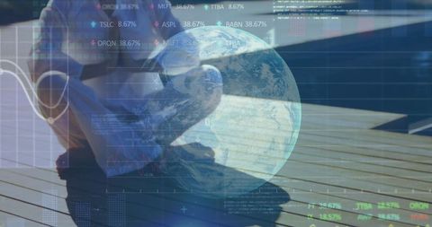 Global Financial Analyst Working Outdoors with Laptop and Data Graphics