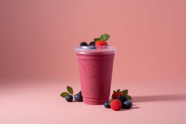 Berry smoothie and berries on pink background, created using generative ai technology. Fruit smoothie, food and drink, healthy eating concept digitally generated image.