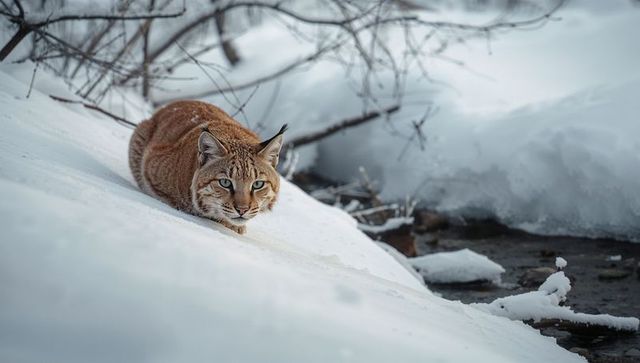 Eurasian lynx crouching on snow-covered slope near frozen stream with paw tracks