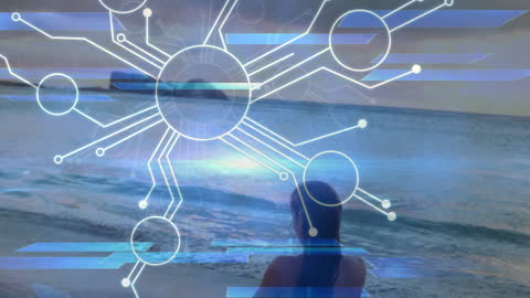 Futuristic Technology Interface Over Woman Meditating on Beach
