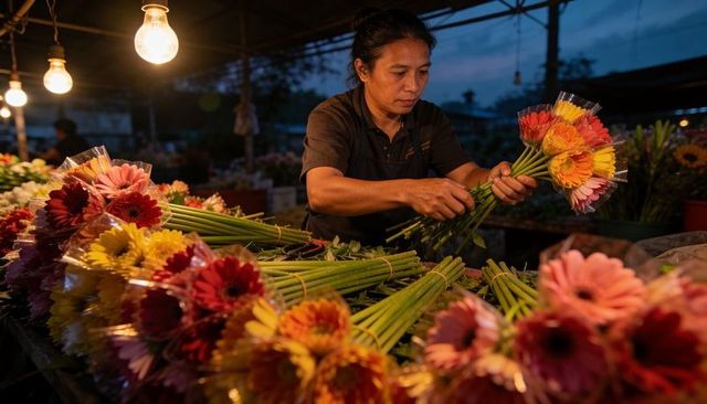 Evening asian florist arranging colorful gerbera bouquets under warm market bulbs