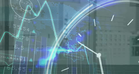 Digital Interface with Clock and Data Overlay on Cityscape