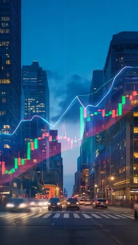 Vertical finance video showing neon downtown traffic at dusk with rising stock candlestick overlay