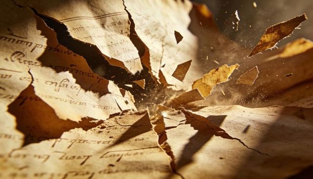 Exploding Ancient Parchment with Radial Tears and Floating Shards under Warm Rim Light