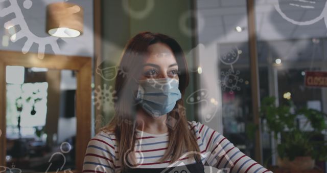 Woman Wearing Face Mask in Restaurant with Floating Microbe Illustrations - Download Free Stock Images Pikwizard.com