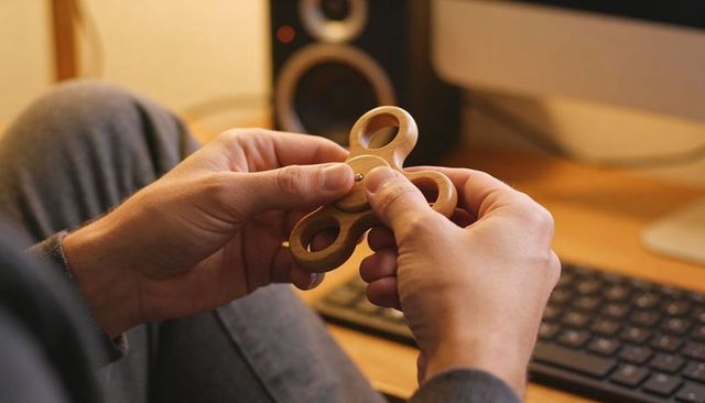 Holding wooden fidget spinner on desk, adult hands near keyboard, stress relief focus