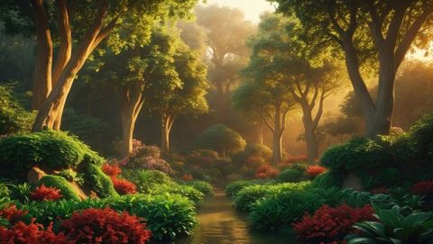 Mystic forest with sunlit river and lush foliage, garden of eden concept