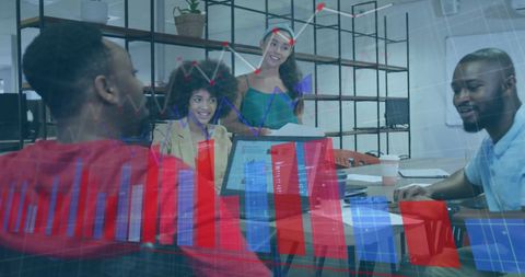 Diverse Team Working with Financial Data Overlay in Modern Office