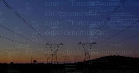 Power Lines and Code Overlay at Dusk Symbolizing Modern Technology