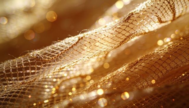 Shimmering gold mesh fabric with metallic threads and bokeh sparkle luxury backdrop