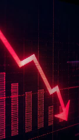 Vertical video showing neon red falling stock chart with jagged decline and bar graph