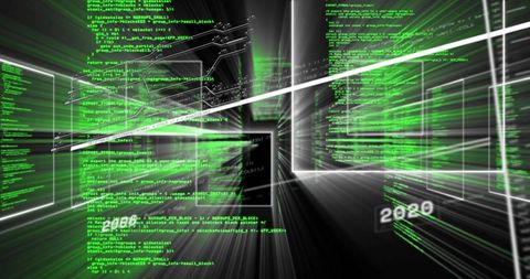 Streaming neon code forming holographic cyberspace data tunnel with wireframe panels and year labels