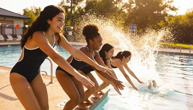 Sunlit teenage swimmers jumping into pool together, creating joyful splash and teamwork