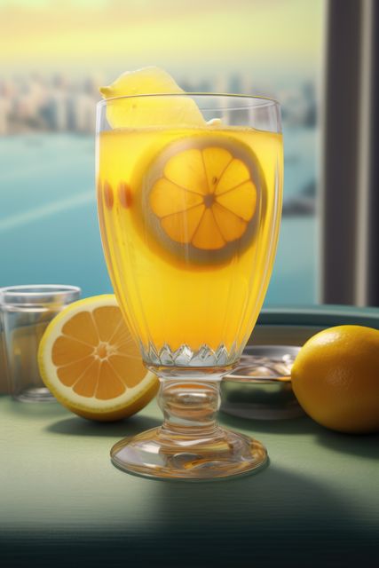 Close up of glass of lemon juice on blurred background, created using generative ai technology. Juice, drink and refreshment concept digitally generated image.