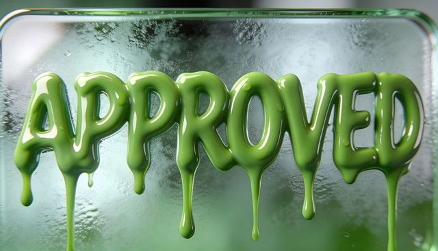 Dripping glossy green approved letters on condensed glass surface