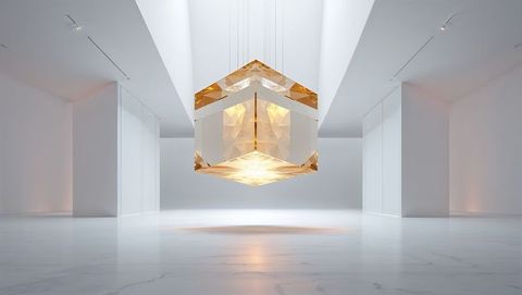Golden geometric crystal sculpture in minimalist gallery