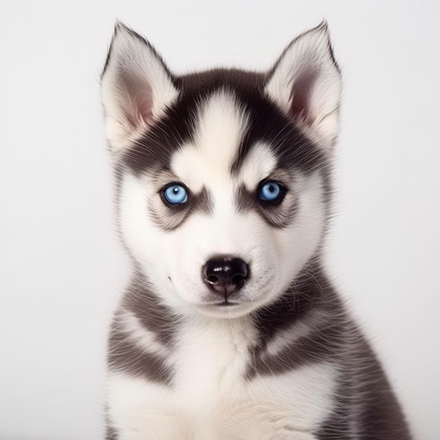 Portrait of cute siberian husky puppy on light background, created using generative ai technology. Animal, puppy, pet and dog concept digitally generated image.