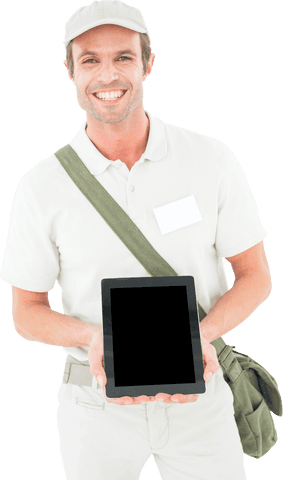 smiling delivery man holding digital tablet transparent background - Download Free Stock Videos Pikwizard.com