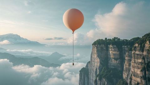 Tranquil Balloon Drifting Over Majestic Mountain Peaks