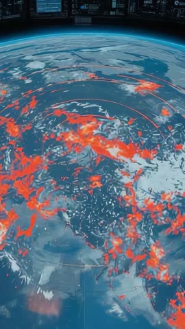 Rotating Holographic Globe Visualizing Red Data Clusters in Futuristic Control Room