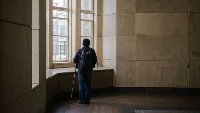 Solitary traveler standing at tall museum window holding walking cane and backpack