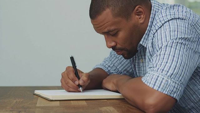 Focused man writing in notebook at wooden desk leaning on arm, casual rolled-sleeve shirt