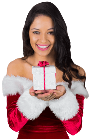 Smiling Woman in Santa Outfit Holding Gift Christmas Cheer Transparent