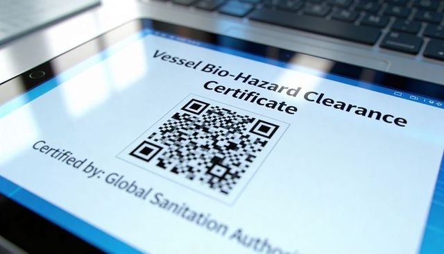 Tablet displaying vessel bio-hazard clearance certificate with qr code and laptop glare