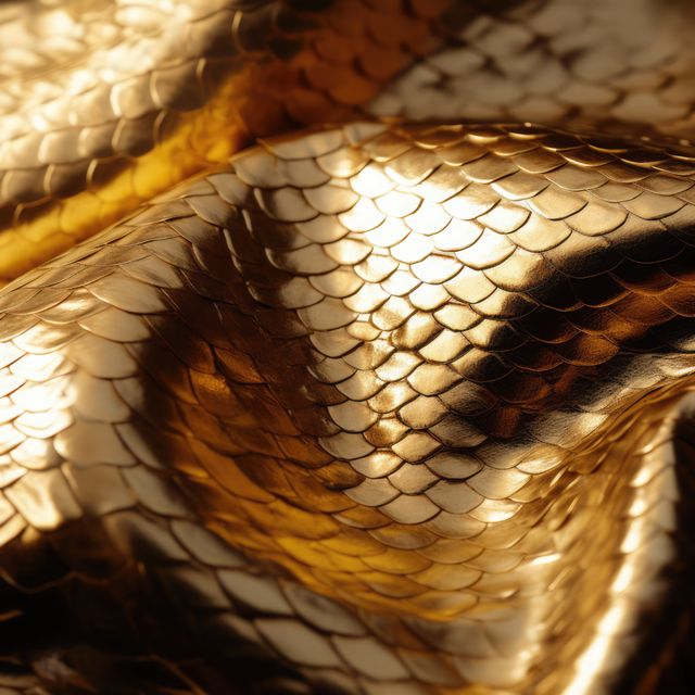 Close up of gold shiny scales in folds of snakeskin. Nature, leather, skin, texture and design concept digitally generated image.