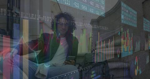 Man checking smartphone in lobby with financial data overlay and analytics dashboard