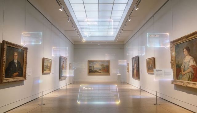 Museum gallery with augmented reality labels and oil paintings under skylight