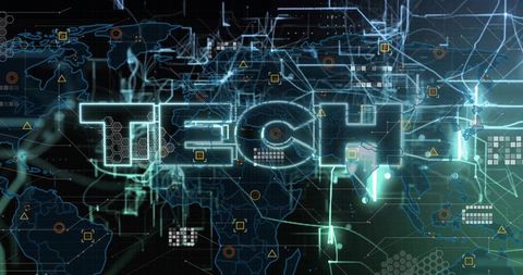 Neon tech holographic interface overlaying global digital network with circuit hex grid