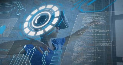 Child exploring futuristic vr interface with holographic code and digital hud