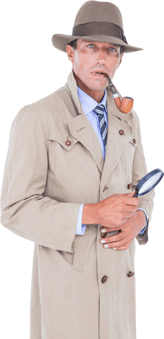 mysterious spy holding magnifying glass and wearing trench coat on transparent background - Download Free Stock Videos Pikwizard.com