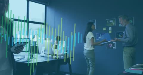 Business Team Collaborating with Digital Analytics Overlay