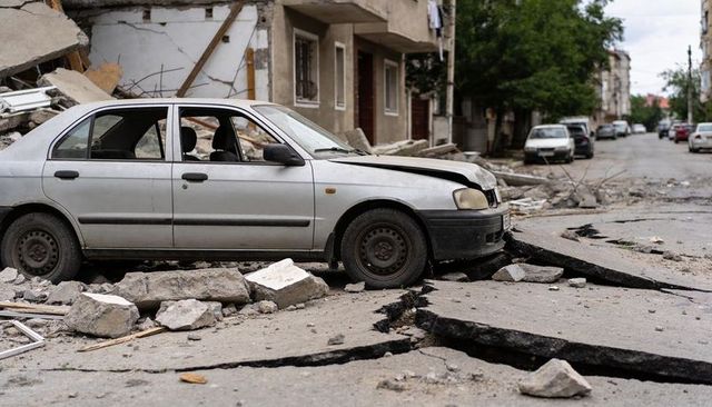 Damaged silver sedan on cracked urban street with rubble and building collapse aftermath